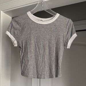 Casual Crop White Trim Sleeve Gray Ribbed Women's Top